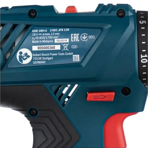 Bosch GSR 180-Li Professional аккумуляторная дрель-шуруповерт (2 x 1.5 Ач, ЗУ), 06019F8109